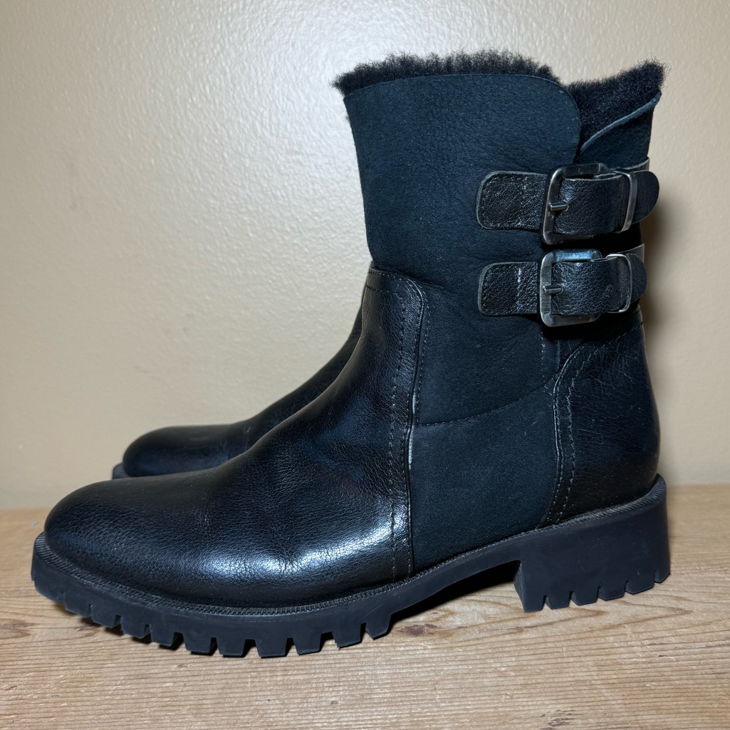 Napoleoni Black Leather Suede Shearling Buckled Zip Ankle Boots Women's 39 Us 8½